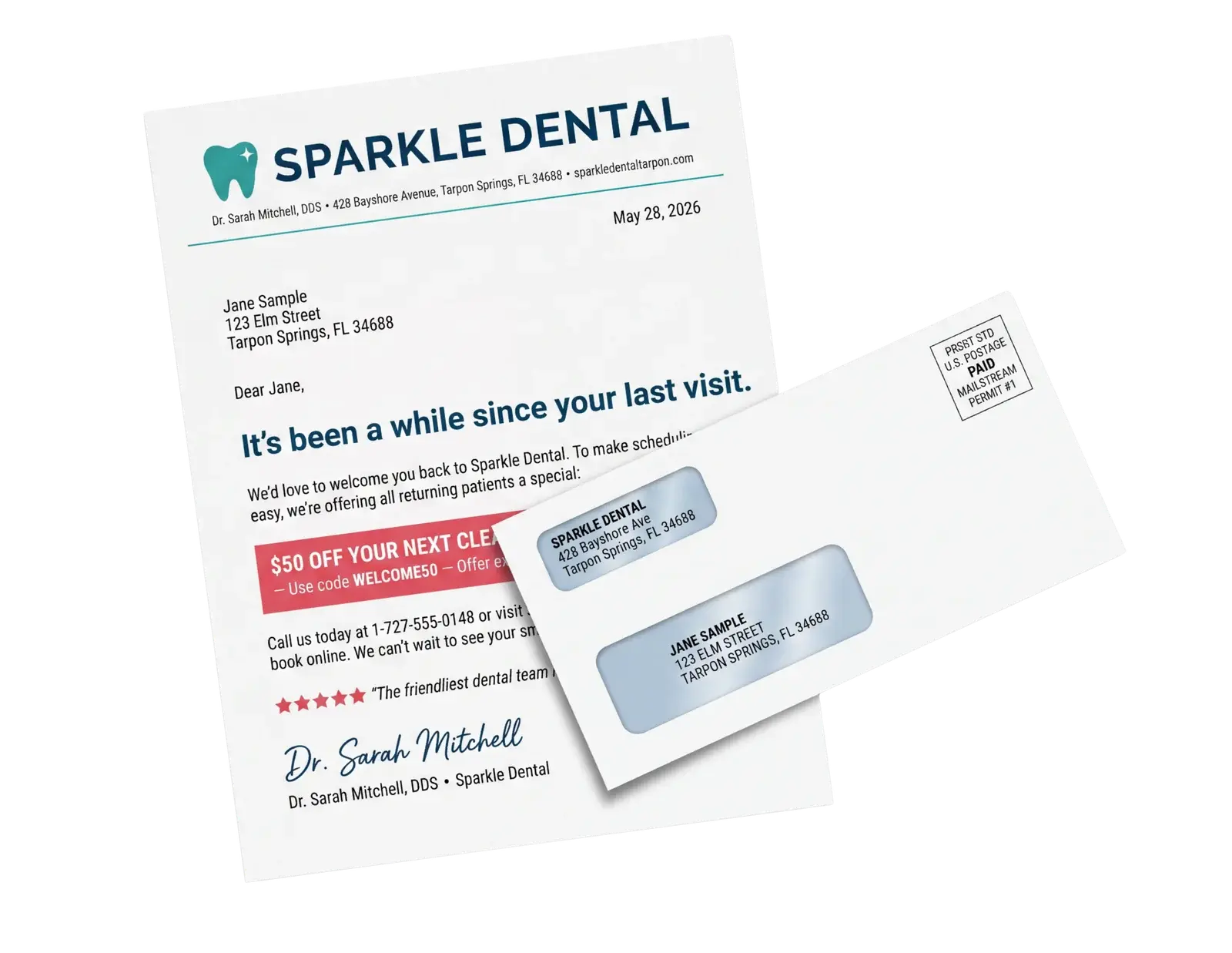 A printed win-back letter from Sparkle Dental, with the matching double-window envelope showing return and recipient addresses.