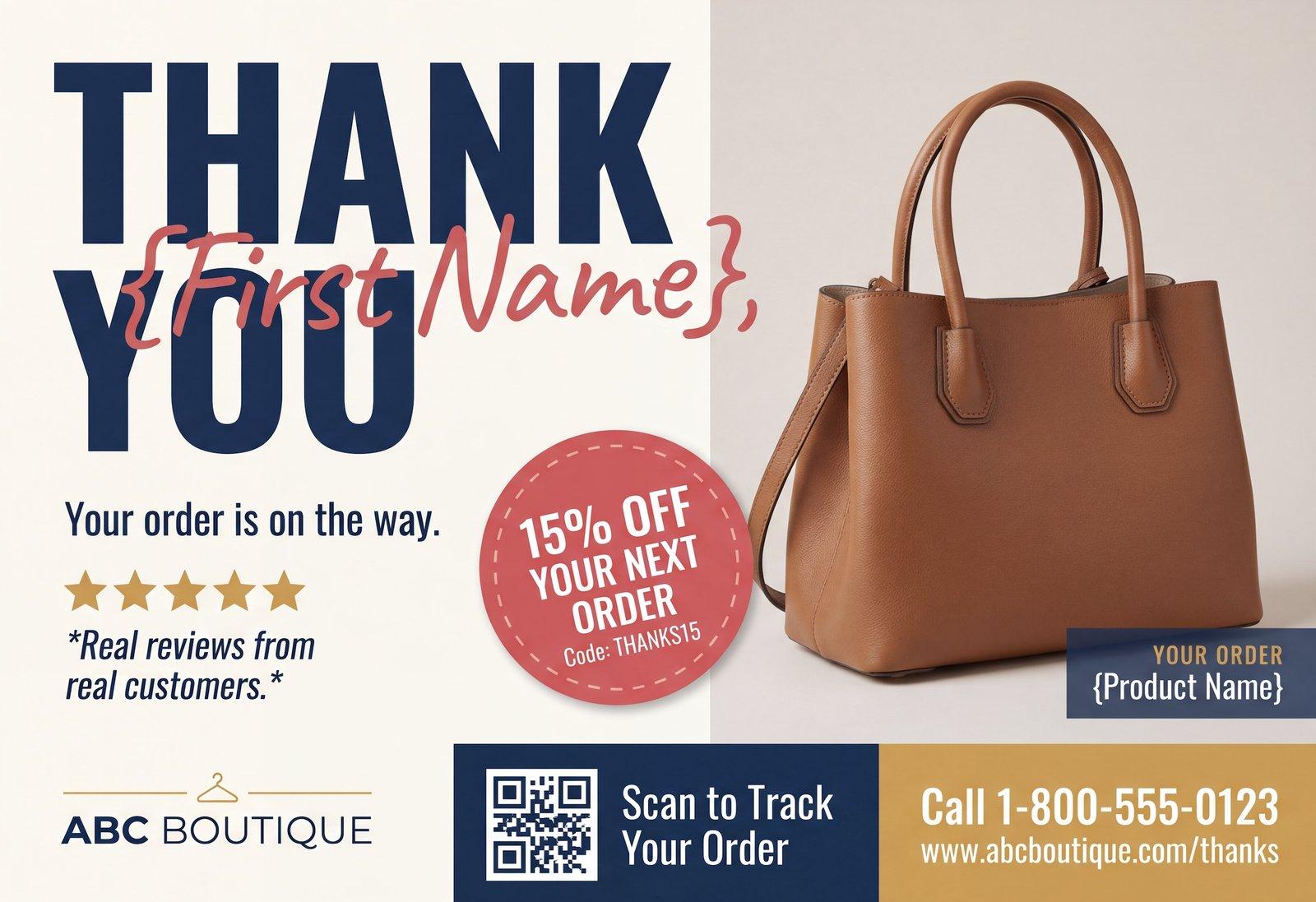 Thank-you postcard with a 15% off offer, QR code to track the order, and the merchant's branding.